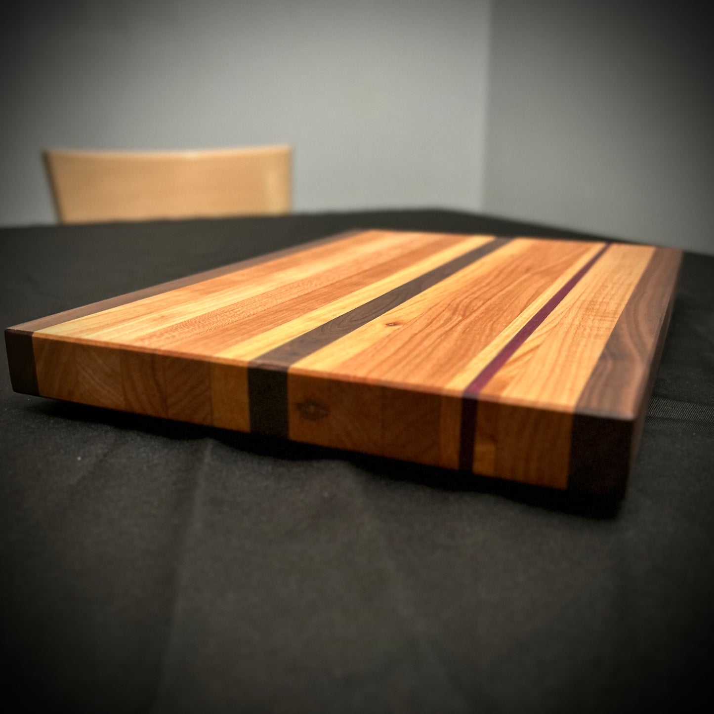 Premium Edge Grain Cutting Board – Walnut, Cherry, Maple with Purple Heart Accent