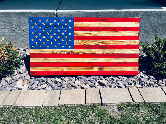 Wood American Flag | Handmade | 50-star Union | Red White & Blue