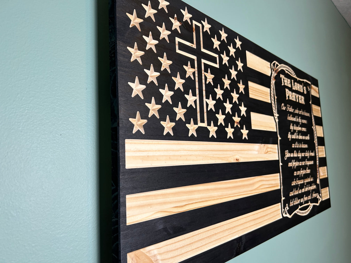 Wood American Flag | CNC Carved | The Lord's Prayer