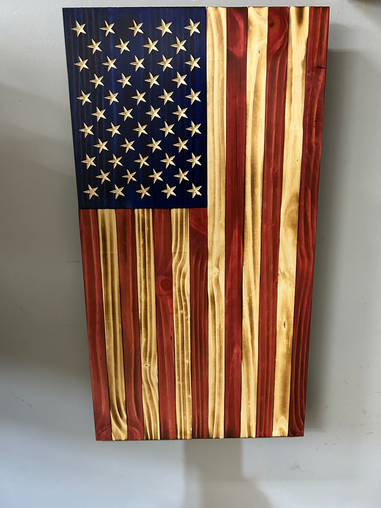 Wood American Flag | Handmade | Vertical w/ 50-Star Union | Red White & Blue