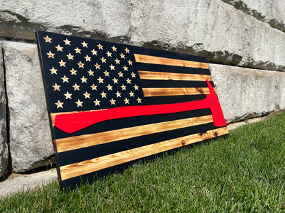 Wood American Flag | Handmade | 50-star Union | Black & White w/ Red Firefighter Axe