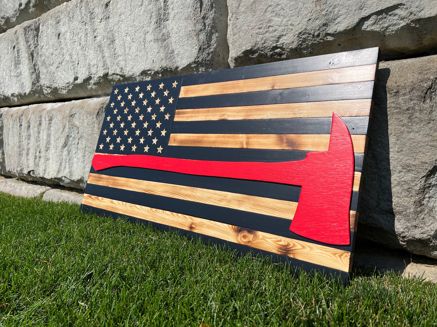 Wood American Flag | Handmade | 50-star Union | Black & White w/ Red Firefighter Axe