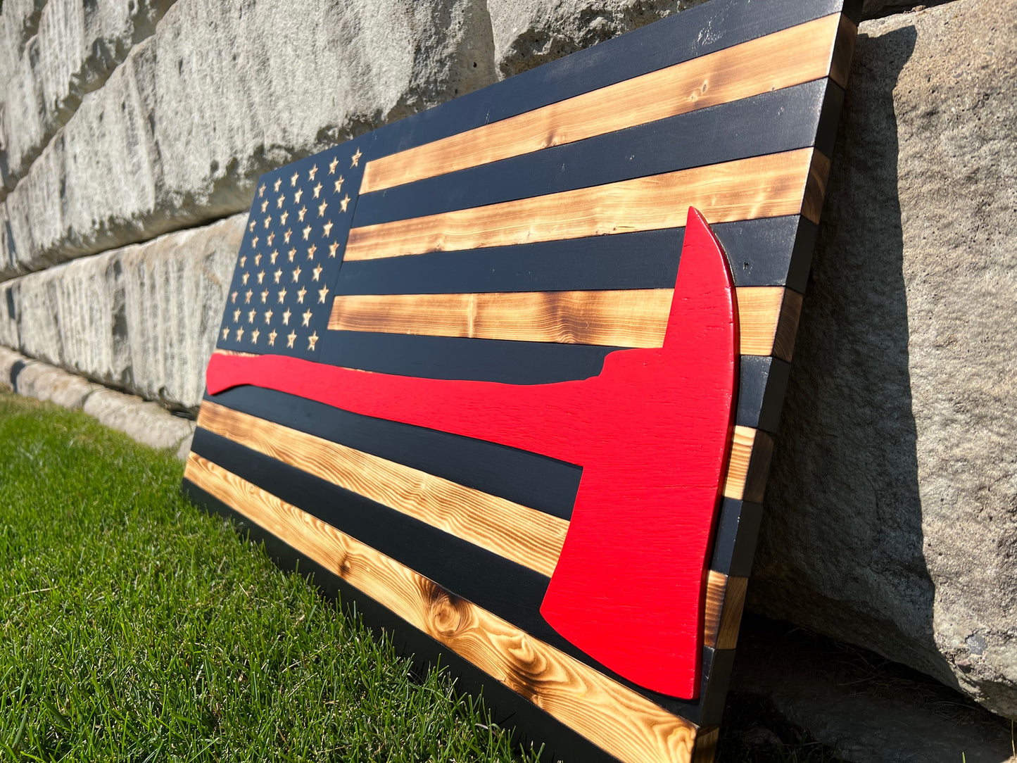 Wood American Flag | Handmade | 50-star Union | Black & White w/ Red Firefighter Axe