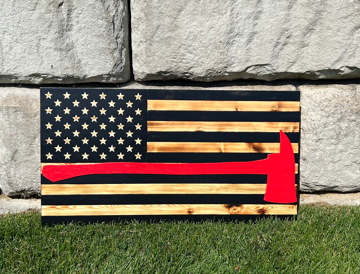 Wood American Flag | Handmade | 50-star Union | Black & White w/ Red Firefighter Axe