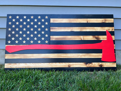 Wood American Flag | Handmade | 50-star Union | Black & White w/ Red Firefighter Axe